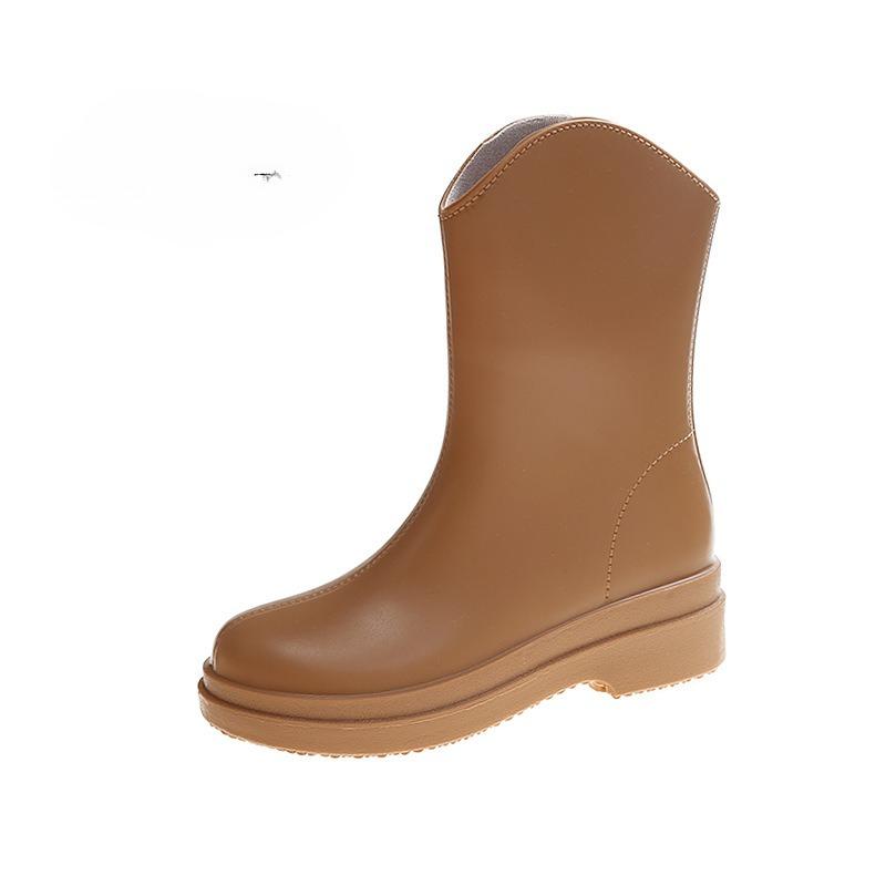 Koreansk Japansk Dame Midt-legg Regnstøvler Utendørs Fotturer Vanntette Sklisikre PVC Sko Moteable Dame Gummistøvel Overtrekk