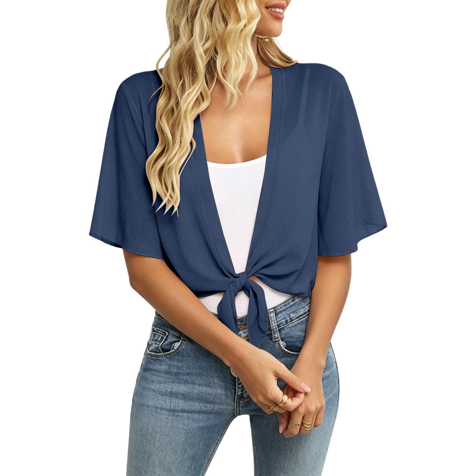 Automobiles11 Dames Kortmouwige Cardigan met Knoopsluiting en Strik Voorkant Lichtgewicht Open Voorkant Losse Pasvorm Kimono Casual Blouse Top voor Dagelijks Gebruik L Vloot