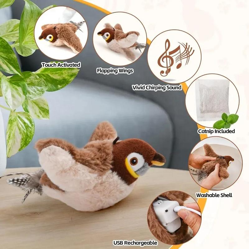 Hot Cat Interactive Toys Catnip Electric Pat Bird Dog Cats Touch-Activated Squeaky Plush Toy Pet USB Rechargeable Cat Toy