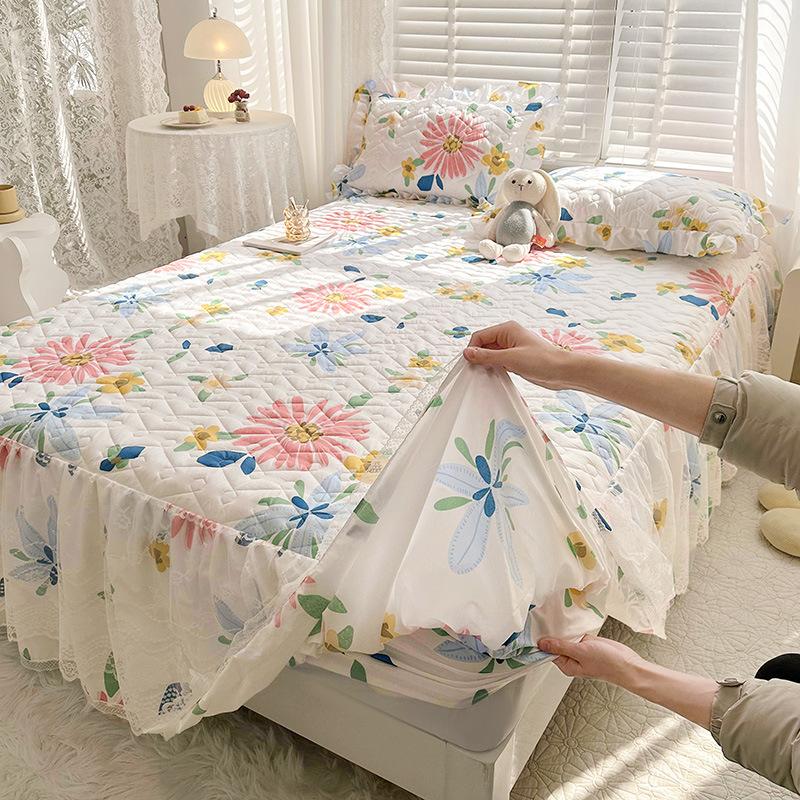 Sábana ajustable acolchada dos en uno, falda de cama, colcha antideslizante de encaje, Funda de colchón