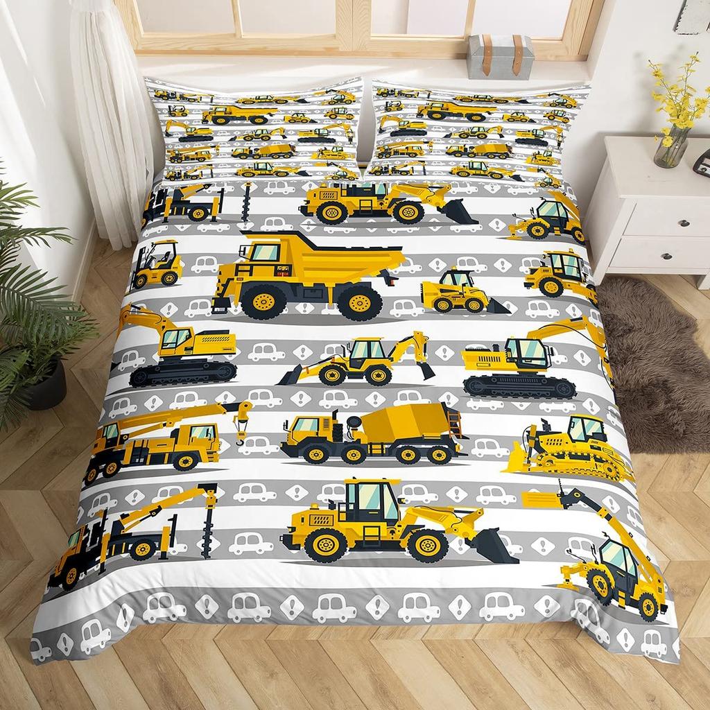 Bagger Königin Bettbezug Cartoon Baufahrzeug Bettwäsche-Set für Kinder Jungen Mädchen Traktor 2/3-teilig Polyester Bettdeckenbezug