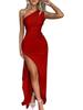 Sexy One-shoulder Pleated Slit-front Short-sleeved Satin Dress with A Summery Elegant Vibe