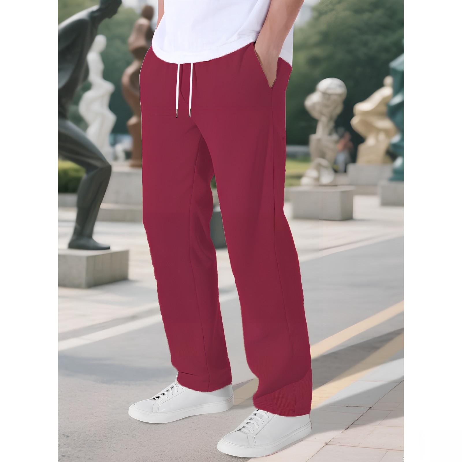 

Мужские однотонные тканые дышащие повседневные брюки прямого кроя свободного покроя XL винный