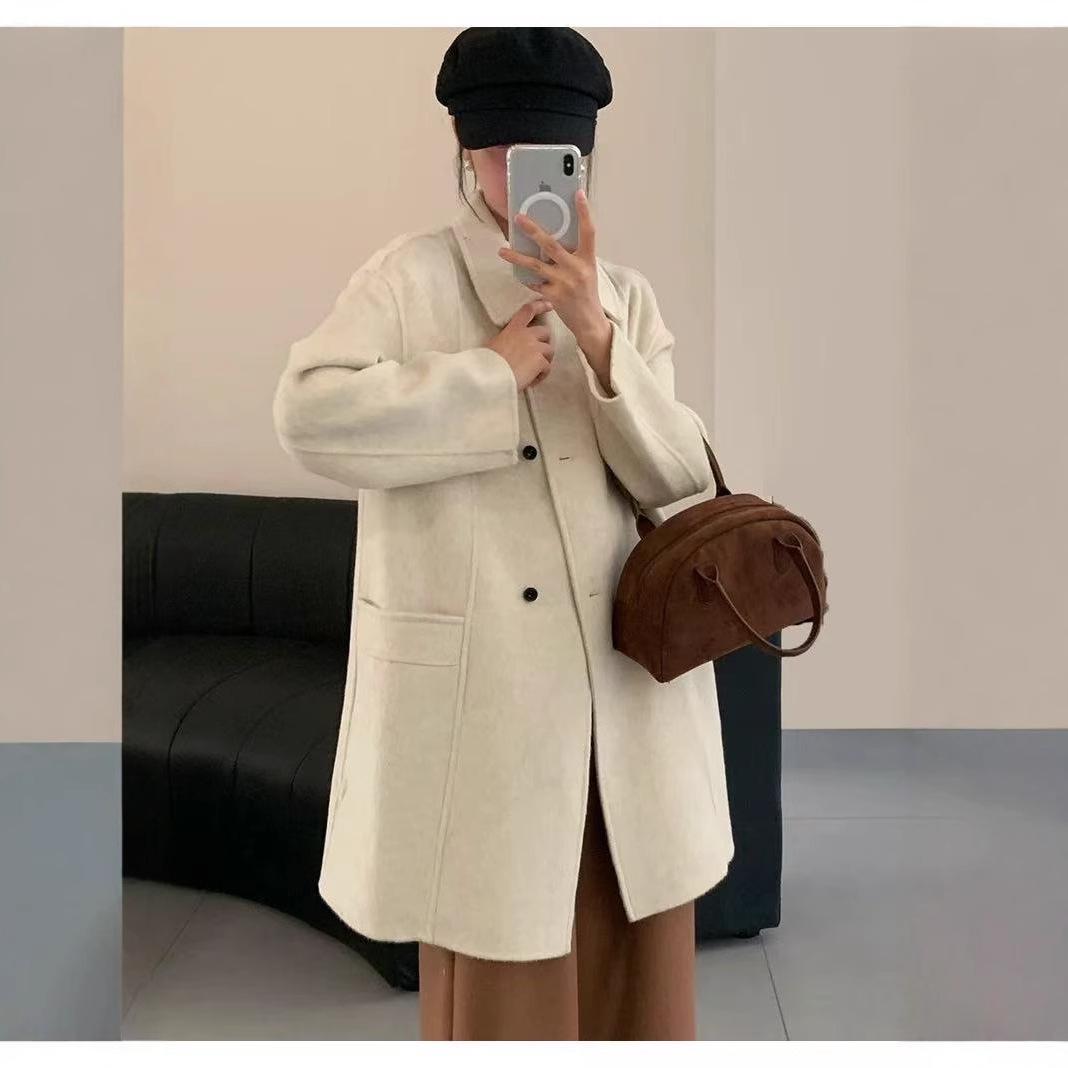 

LANEIGE Women s Double-Faced Wool Coat 2024 - Winter Small Size Double-Breasted Loose Overcoat S (recommended 80-115 jin)