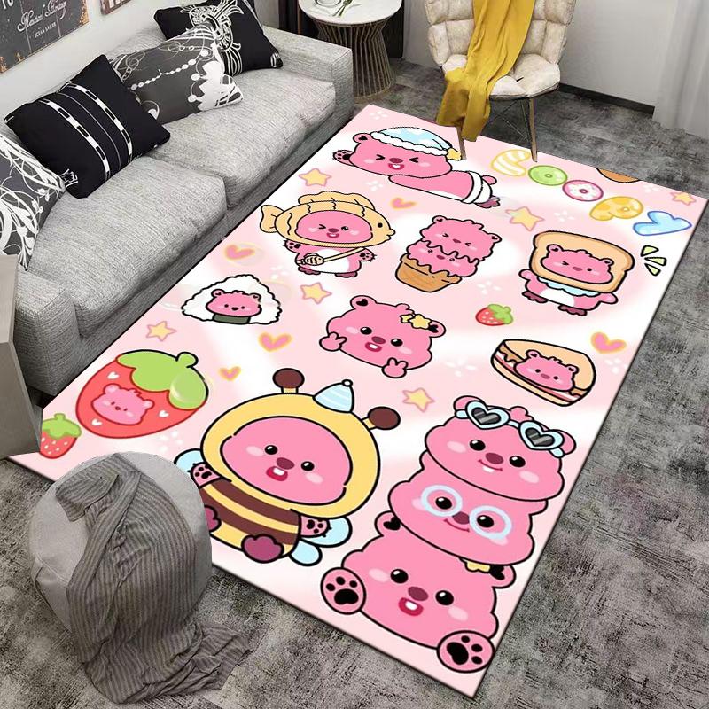 Cute Pink Cartoon Bear Pattern Carpet with Fruits and Dessert Style Suitable for use as an anti-slip for living room bedroom sofas