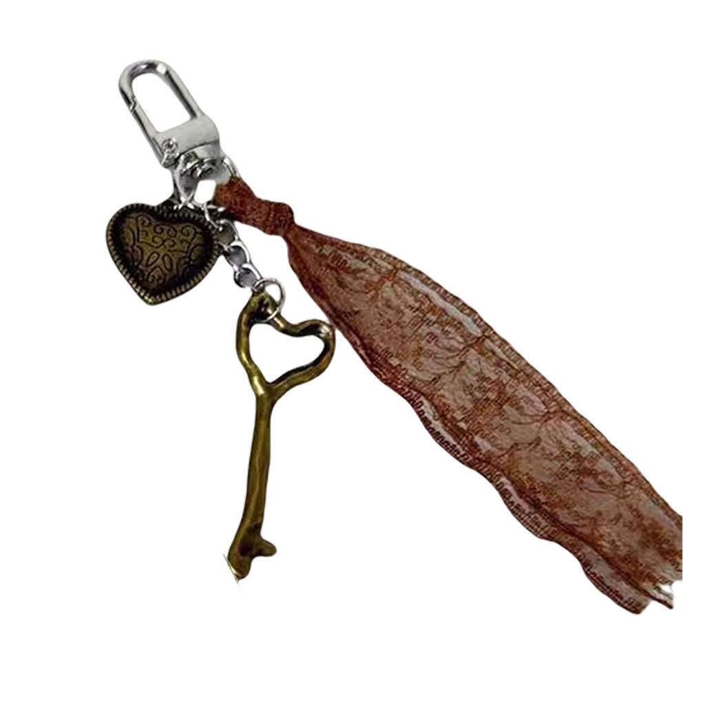 Fashionable Alloy Keychain with Love Heart Key Pendant Lace Charm Keying Bag Hanging Decoration for Women and Girls