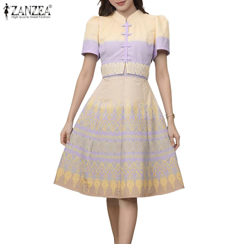 ZANZEA Women Summer Stand Collar Casual Short Sleeve Print Dress