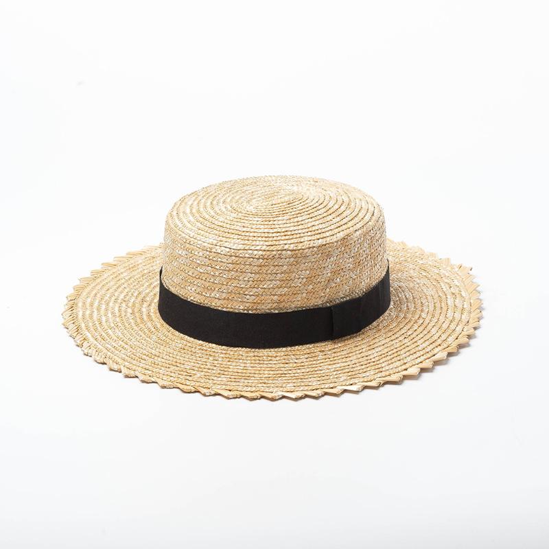 Spring and summer new fashion pattern wavy edge straw straw flat top top hat, webbing decorative sunshade beach flat top straw hat