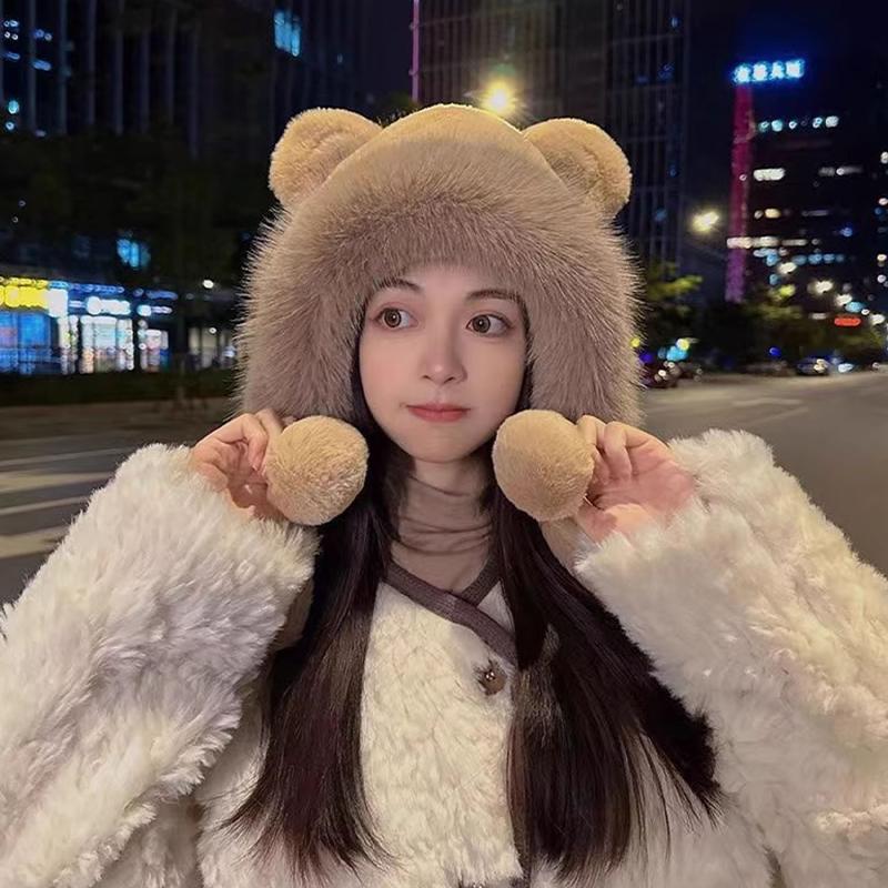 Winter Bear Plush Hat Outdoor Cycling Ear Protection Hat Thickened Warm Hat Casual Fleece Hat Women'S Warmth Essentials