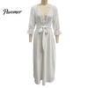 Bohemian Fall Dress Women V-Neck Lace for Fall, 3/4 Sleeves Maxi with Long Sleeve Belt, Solid Color Loose Casual Vacation Daily Wear