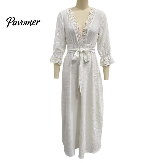 Bohemian Fall Dress Women V-Neck Lace for Fall, 3/4 Sleeves Maxi with Long Sleeve Belt, Solid Color Loose Casual Vacation Daily Wear