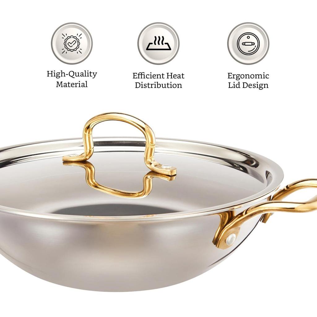 Stainless Steel Triply Kadai 24 Cm with Ss Lid and Pvd Coated Handles (Gold and Rose Gold Colour)