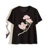 Becomes High and Cold When Wearing It In Seconds! Elastic Brocade Cotton Round Neck Embroidered Beaded Three Flower Short-Sleeved T-shirt Female Amoi