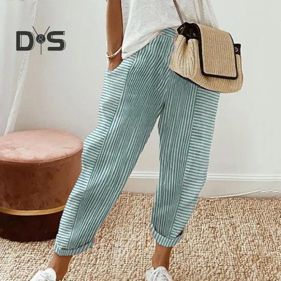 Damen Freizeithose Elastische Taille Mittelhohe Sommer-Jacquard-Lange Hose mit Taschen Streifenmuster Locker sitzende Hose