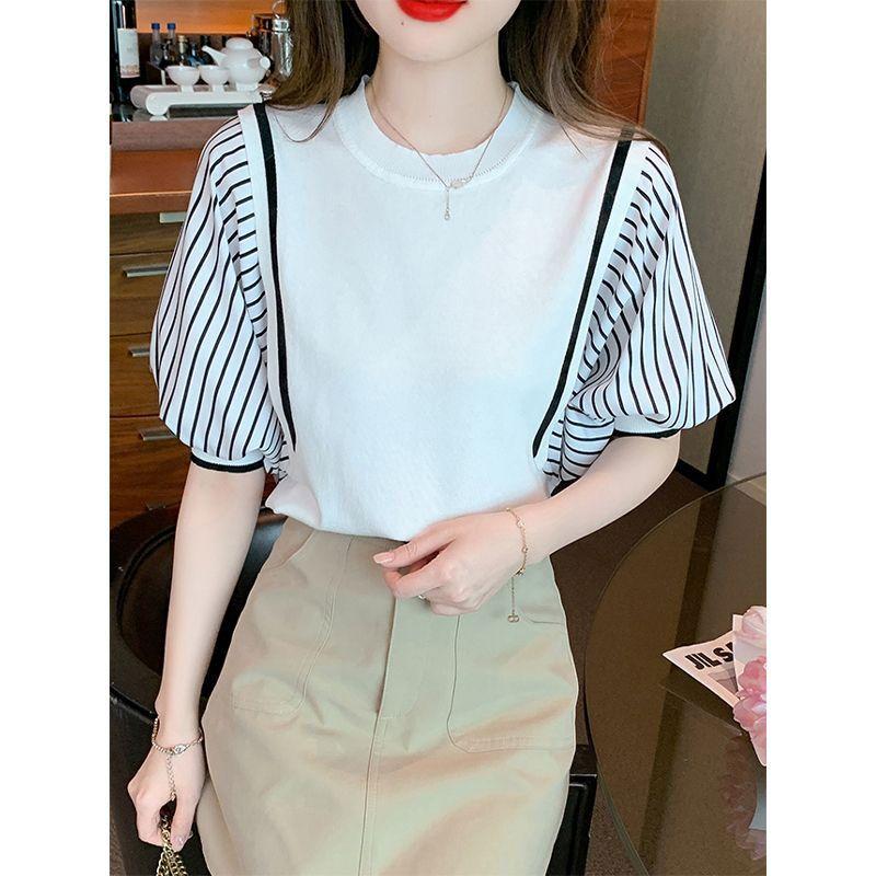 Summer Fake Two Pieces Striped Tee Women Loose Casual Half Sleeve Patchwork T-shirt Female Pullover Top