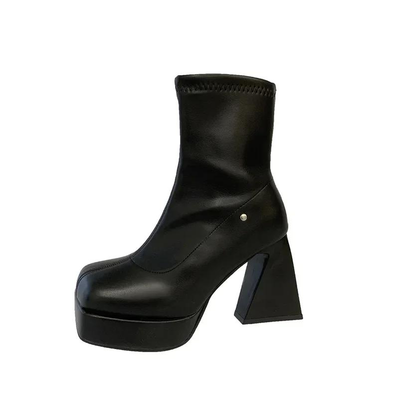 Super High Heel Women Short Booties Fashion Side Zippers Ankle Booties Autumn Female Platform Thick Heel Shoes