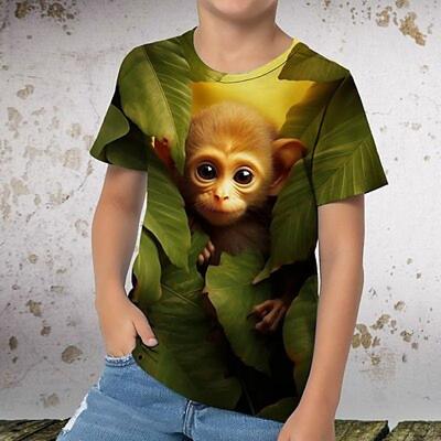 T-shirts d'été à col rond avec motif de singe de dessin animé imprimé en 3D, à la mode et décontractés à manches courtes pour garçon