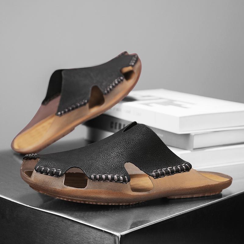 Fashion Men's Big Size Handmade Premium Leather Closed-Toe Sandals Summer Breathable Comfortable Flats Outdoor Daily Slippers Male Shoes
