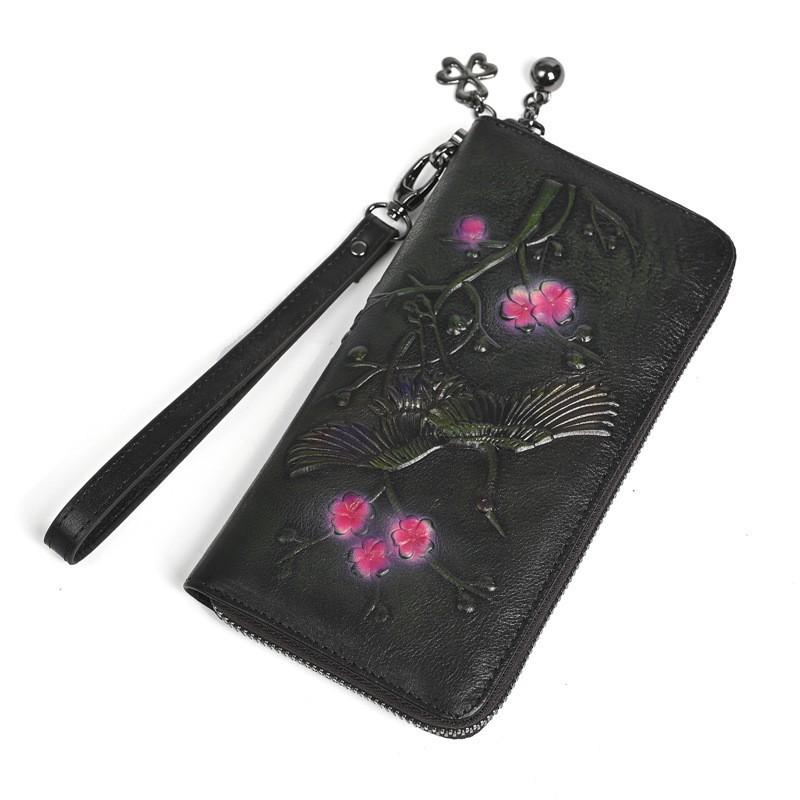 Retro Embossed Polished Wallet Genuine Leather Women's Zero Long Mobile Phone Zipper Bag Clutch