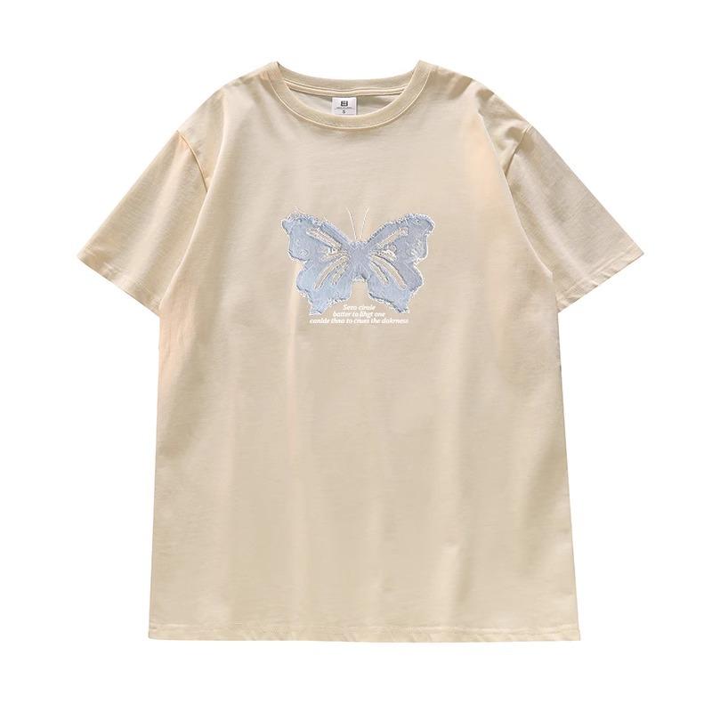 Butterfly Short-sleeved T-shirt Women's Summer New Design Sense Niche French Sweet Top Korean Chic Pure Cotton Half-sleeve