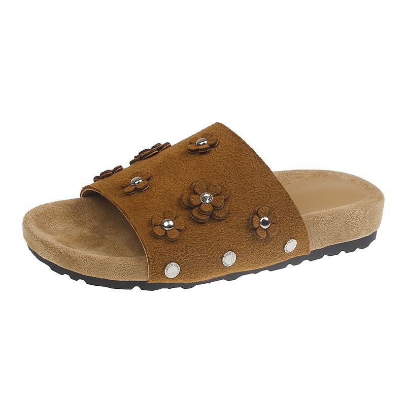 2025 new beautiful flower temperament round head thick bottom comfortable versatile one-word slippers women wear cool slippers