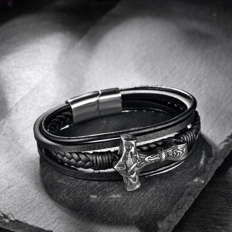 Stainless Steel Leather Woven Bracelet Men Nordic Viking Style Geometric Design Polished Finish