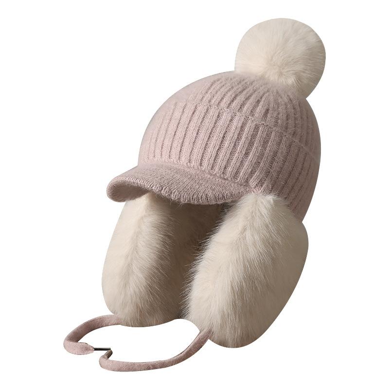 Autumn and winter plush warm ear protection rabbit fur hat hairball face ducktongue knitted hat girls hat