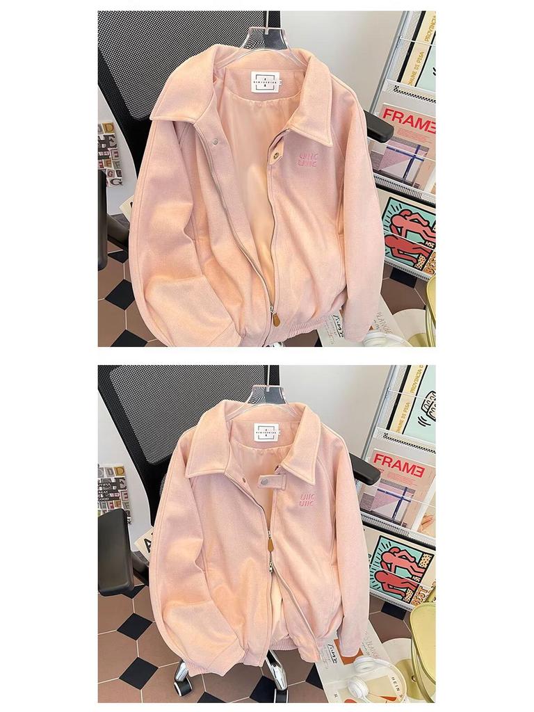 Koreanska Szykowana Damska Krótka Kurtka Baseballowa z Zamszu z Haftowanymi Literami