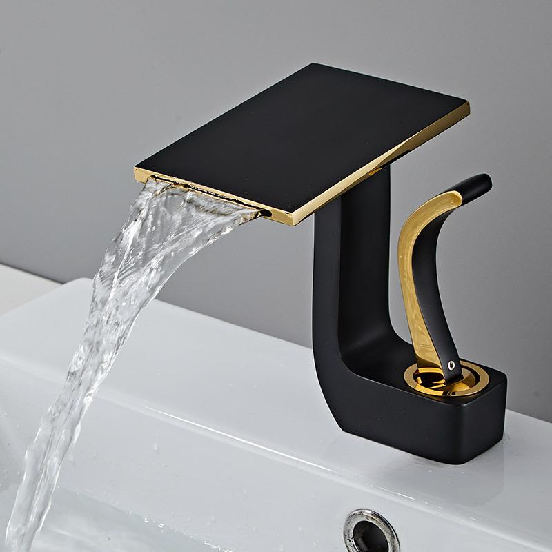 White Gold Waterfall Basin Faucet Brass Deck Mounted Bathroom Washbasin Faucet Creative Single Hole Hot and Cold Wash Basin Tap