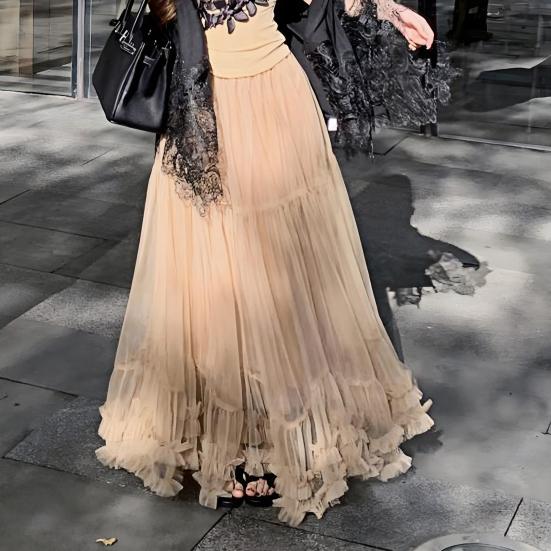 Mesh Yarn Midi Skirt High Elastic Waist Ruffles Trim A-line Skirt