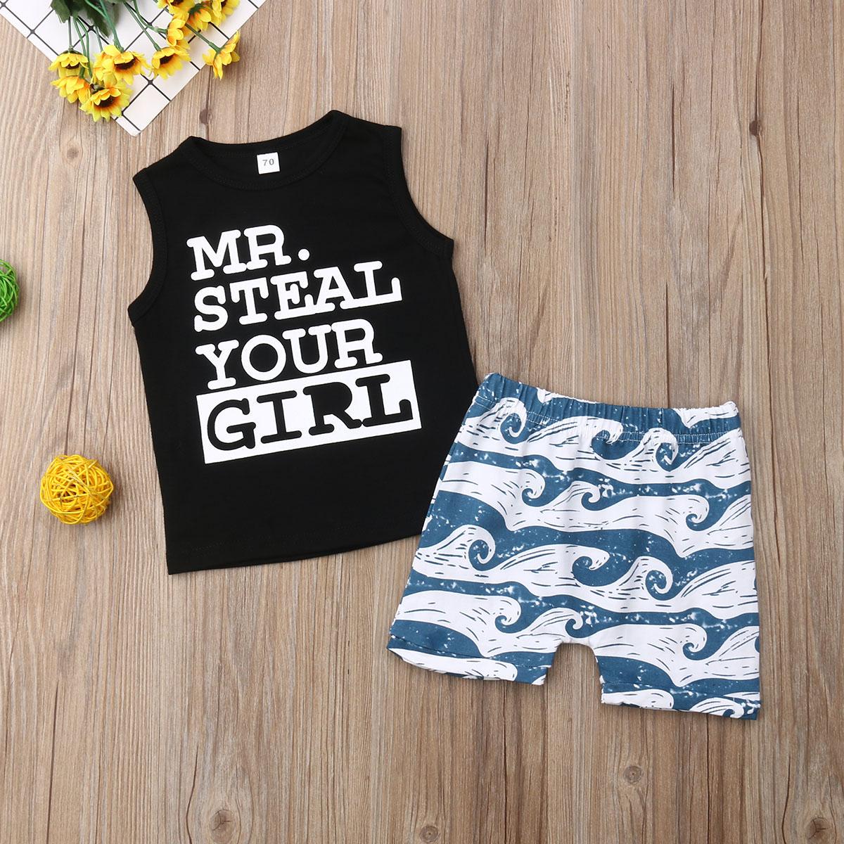 

Комплект из 2 предметов для маленьких мальчиков, хлопковые топы с буквами, жилет + шорты с волнами, брюки, детская летняя одежда