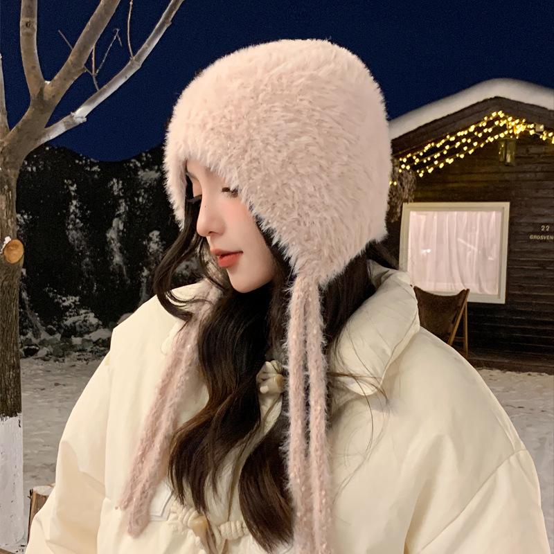Plush Hat Women'S Season Can Be Lazy Wind Thickened Wool Hat Big Head Circumference Cold-Proof Ear Protection Hat Warm Knitted Hat