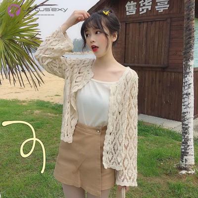 Sleeved Knitted Air-conditioned Cardigan Women Summer Wear, New Loose Shawl with Mesh Hole Hollow Top, Sun Protection Jacket