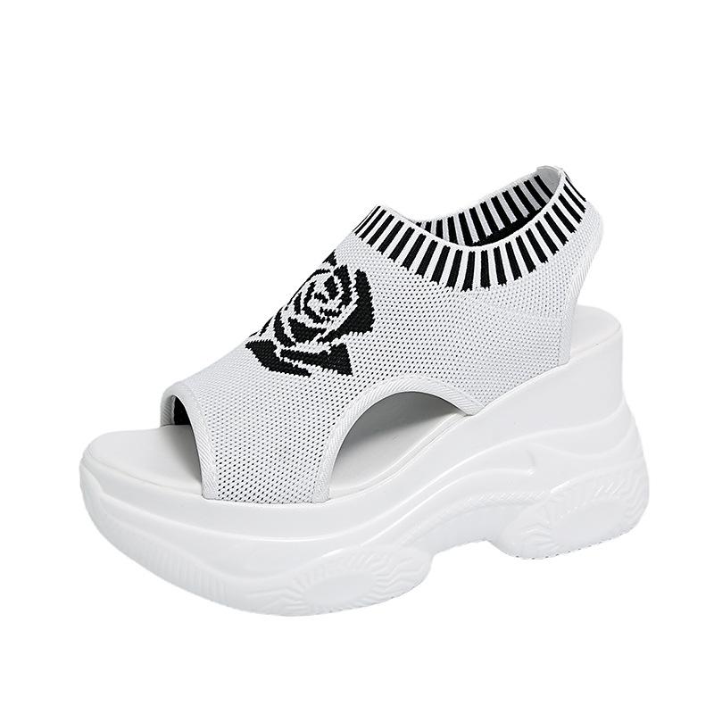 Fliegenwebe-Plateausandalen Sommer Netz atmungsaktive Fischmaul-Keilschuhe Fußabdeckung Sport Student Strick-Freizeitschuhe