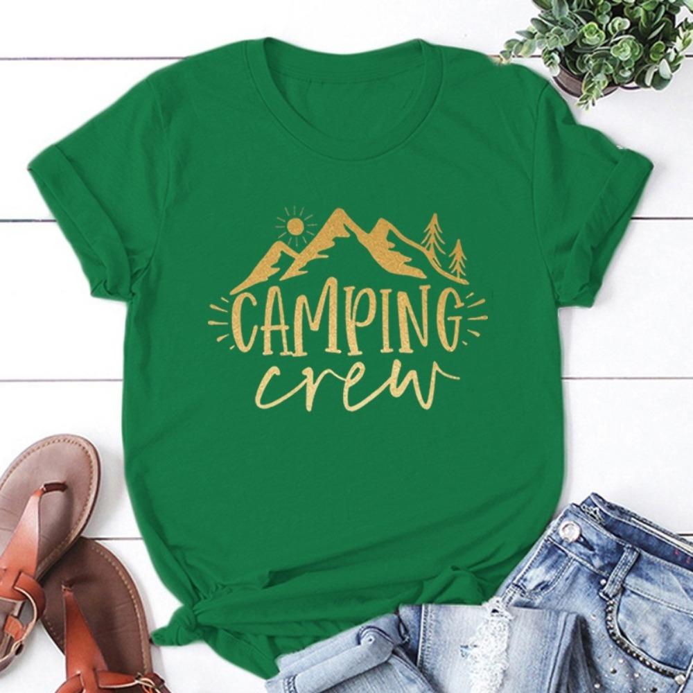 Funny Camping Crew Print T-shirt Summer Camper T-shirt Women Men Short-sleeved Loose