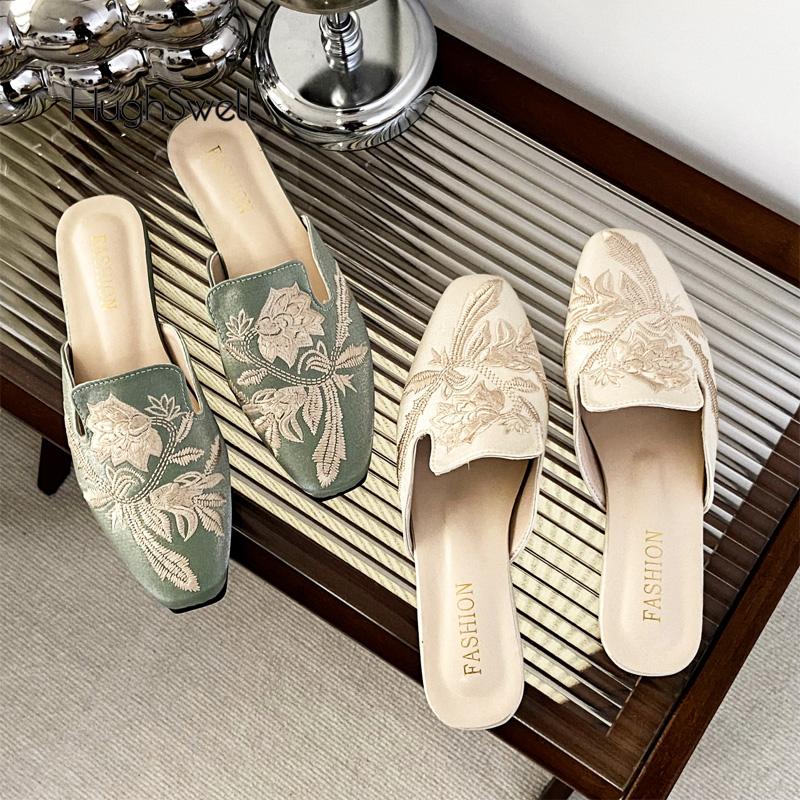 Fashion Fairy Floral Embroidered Mule Shoes Woman Elegant Flower Velvet Slide Slippers Ladies Evening Party Flat Velour Zapatos