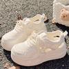 Women Platform Thick Sole Breathable Woven Lace Up Casual Chunky White Sneakers