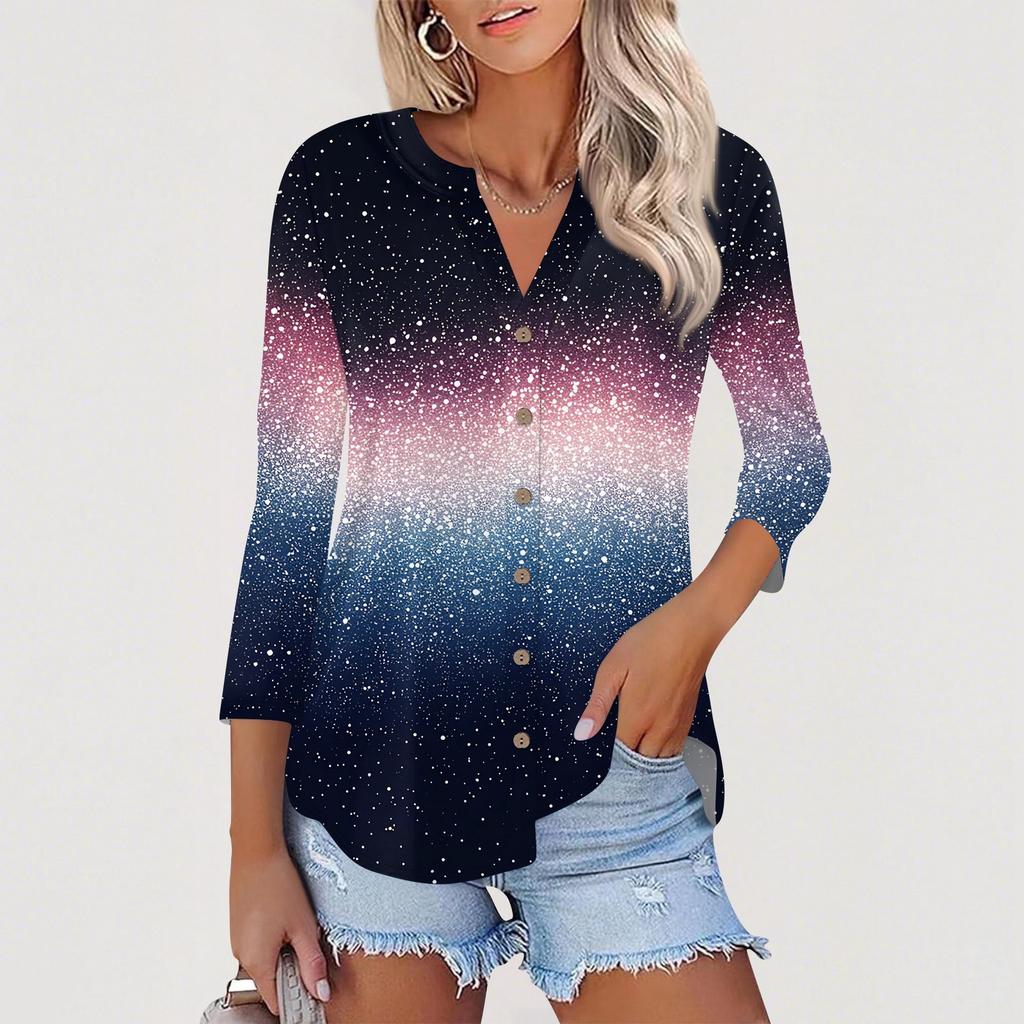 Cardigan a bottoni da donna T-shirt a maniche 3/4 con scollo a V T-shirt casual moda con stampa Top