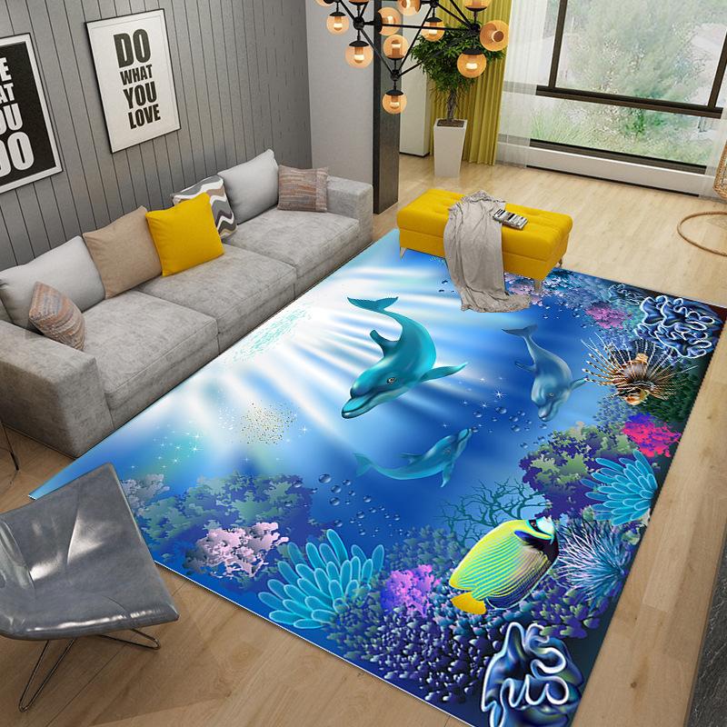 Underwater World Sea Dolphin Turtle Coral Rug for Bedroom Living Room Sofa Home Doormat Decor,Kids Non-slip Floor Mat  Rugs