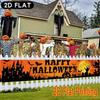 Happy Halloween Fence Party Banner, Haunted House Bats Pumpkins Gravestones Design, Polyester Outdoor Garden Decoration