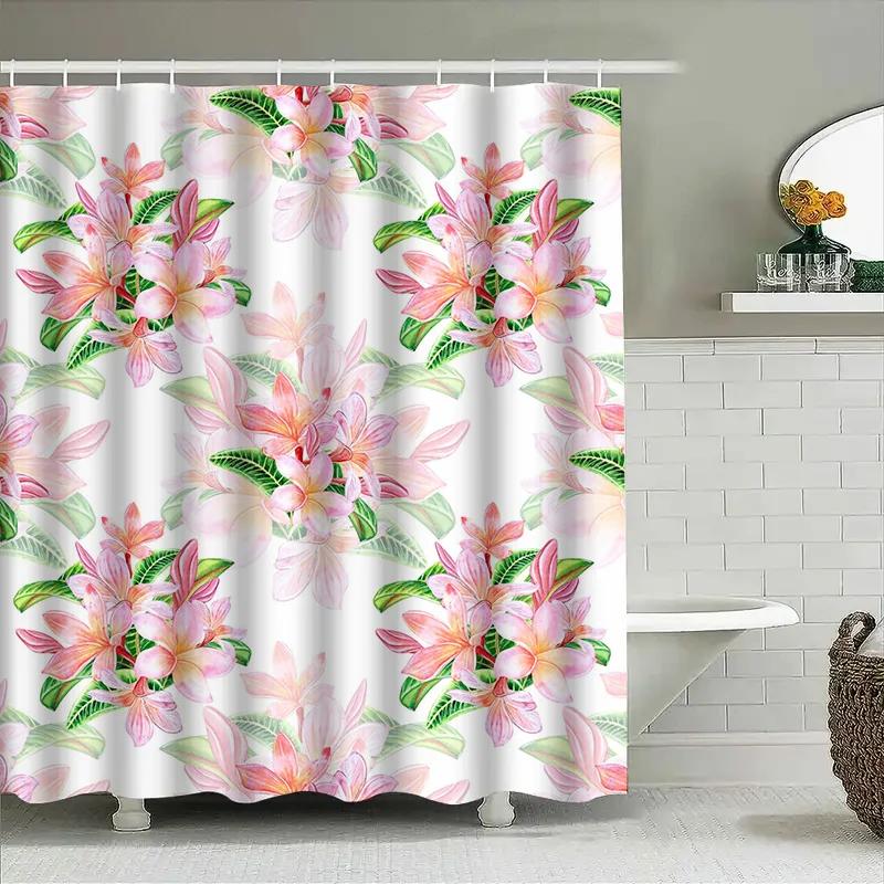 Vintage Floral Shower Curtain Pink Lilies With Green Leaves For Bathroom Decorations Waterproof Fabric Bathroom Curtains With