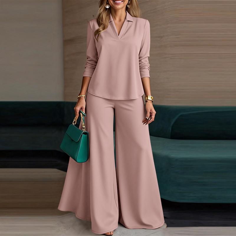 ZANZEA Damska Bluzka z Długim Rękawem i Spodnie z Szerokimi Nogawkami Casualowe Dwuczęściowe Zestawy