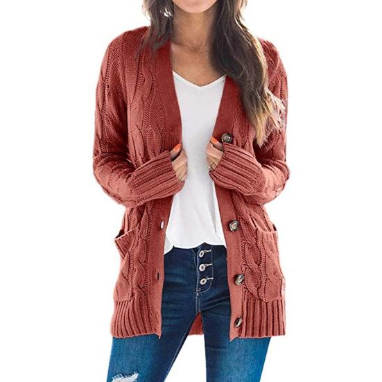 Women Autumn Open Front Knitted Cardigan Sweater Button Pockets Outwear Coat