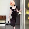 French Lace Polka Dot Splicing Dress Women's Summer New Bubble Sleeve Waist Temperament Medium and Long Skirt