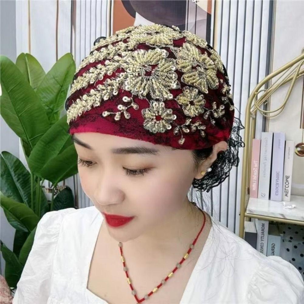 Turban Cap Floral Lace Caps Embroidery Beanie Hair Cover Cap Women Headscarf  Lady Female