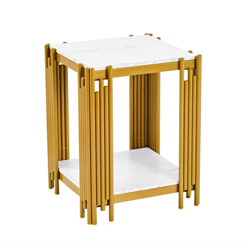 Nightstand with 2 Shelves, Gold Metal Frame with Glitter Effect, Marble Look, MDF for Bedroom, Living Room and Hallway, White & Gold-H55/W43/D40 cm