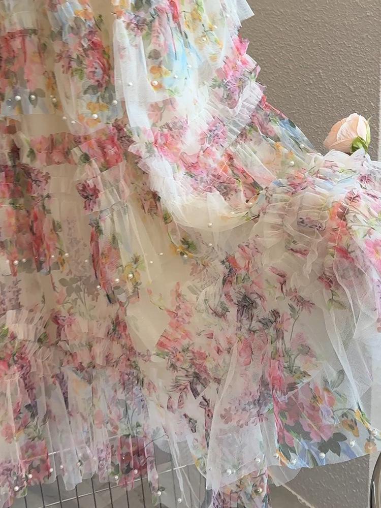 Tüllrock mit Perlen und Blumendruck und unregelmäßigem Saum - Damen Netz-Puffrock