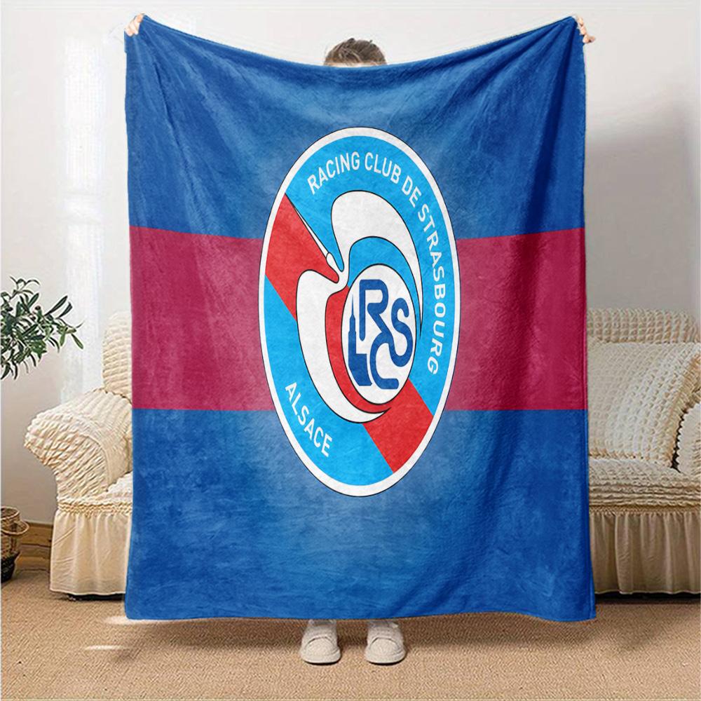 Racing Club Strasbourg Crest Flannel Blanket, Soft Polyester, Modern Design, All-Season for Camping, Travel, Gifts for Holidays or Birthdays