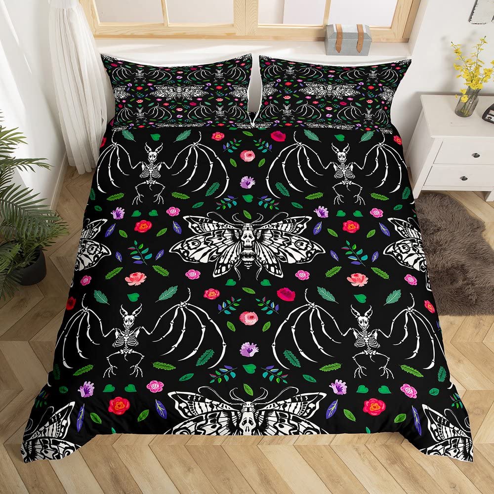 Death Moth Duvet Cover Set Skull Bedding Set Snake Mandala Moon Phase Comforter Cover Trippy Skeleton Quilt Cover Set Queen Size