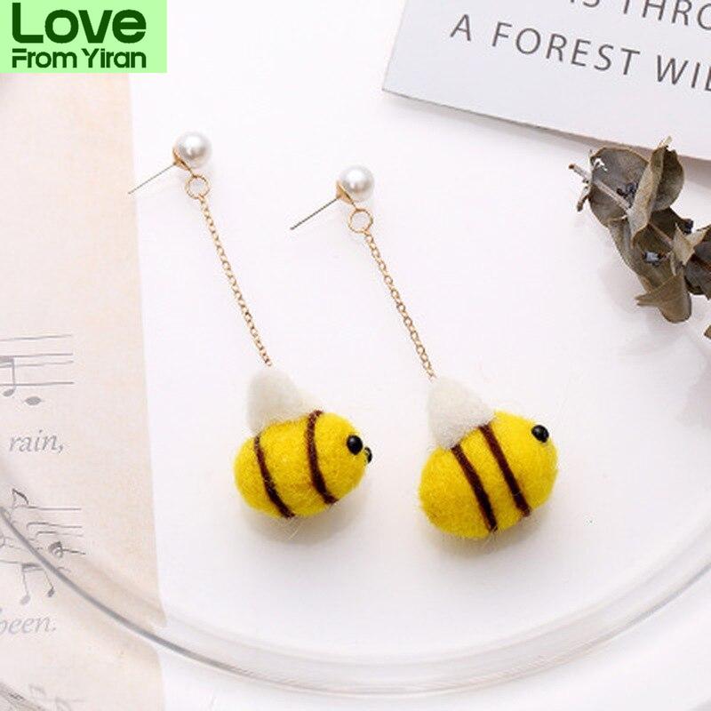 Honey Bee Earrings Girls Kids Cute Style Animal Handmade For Women Wool Long Chain Yellow Small Bumble Bee Earings DangleCute Chain